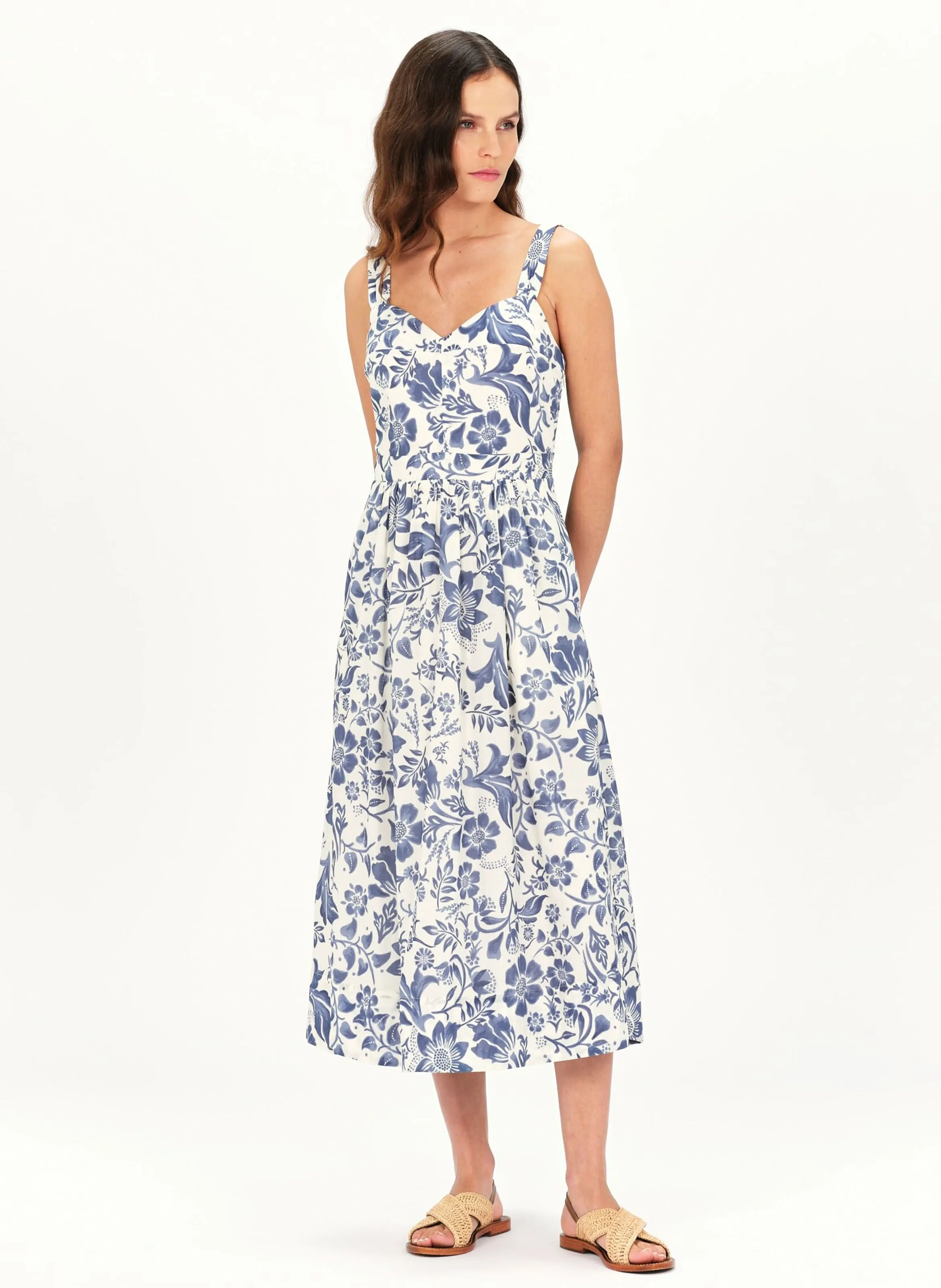 CAROLL RITZILON - Vestido midi con cuello en V y estampado floral de algodón en azul