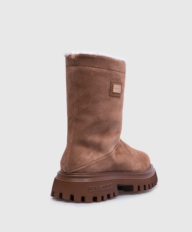 Dolce&Gabbana Brown suede boots with metallic logo