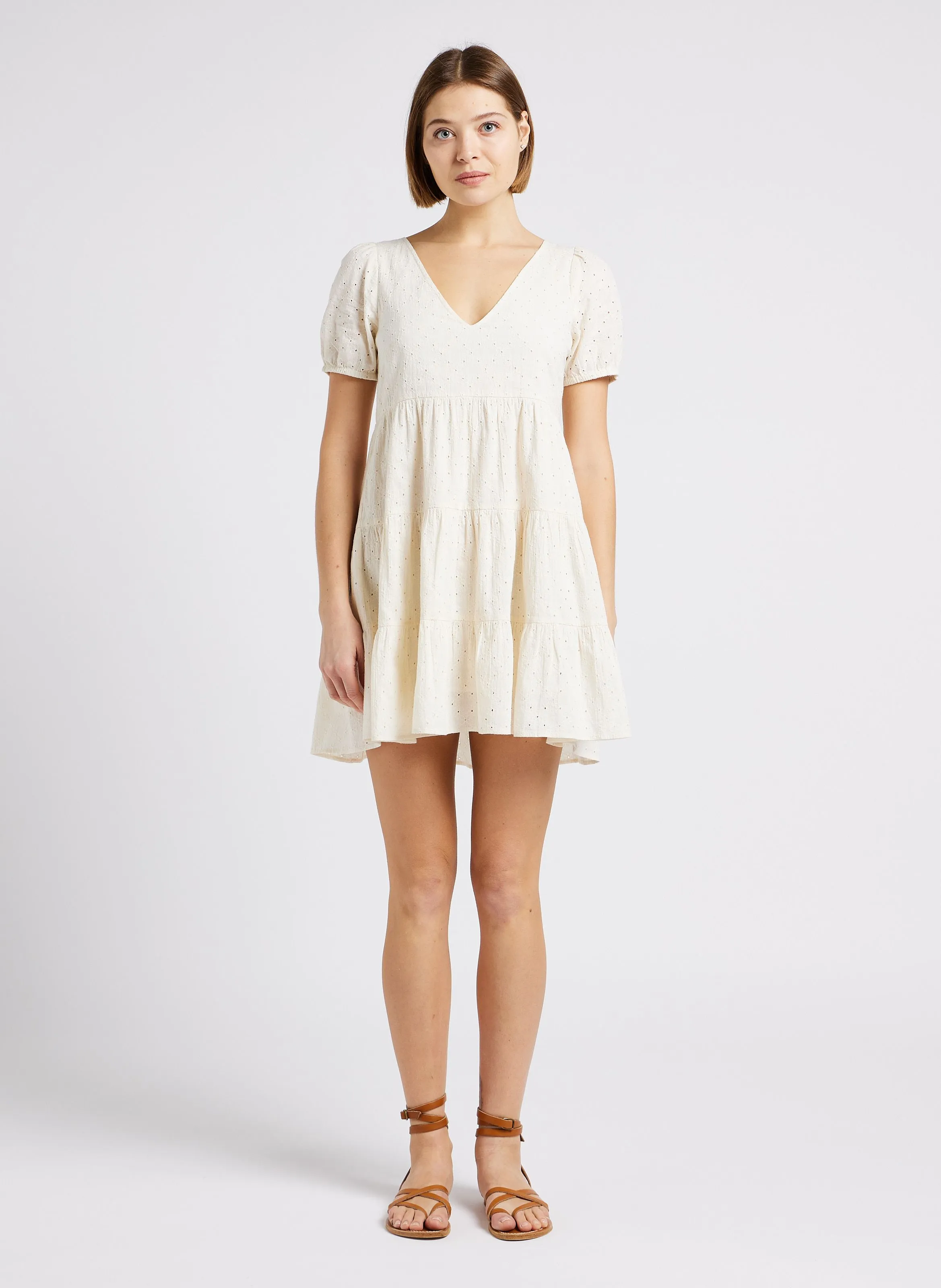 EMILE ET IDA ZIA - Vestido evasé de algodón bordada con cuello de pico en blanco