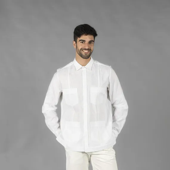 Guayabera para hombre con cuello mao, mangas largas y bolsillos, tejido de lino y algodón BORNEO UNIFORMES GARY'S 210003