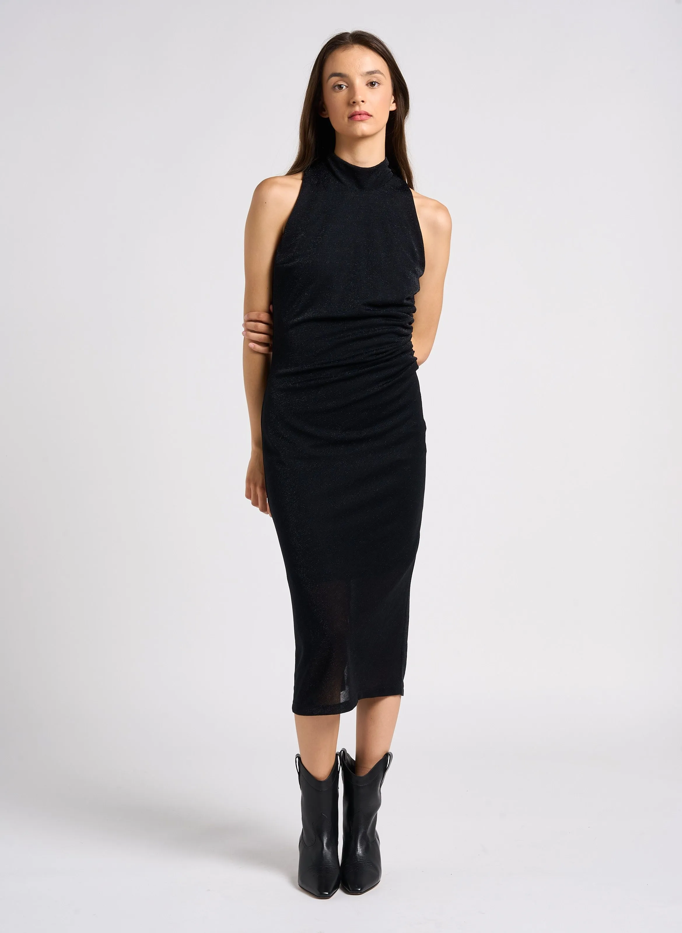 IKKS Vestido midi ajustado con cuello alto y lentejuelas en negro