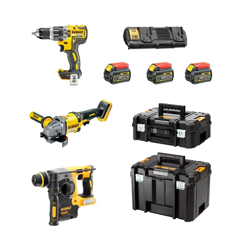 KIT = Kit = Martillo DCH273 + Taladro percutor DCD796 + Amoladora DCG418 + 3 Baterías DCB546 + Cargador doble DCB132 + Maletín T