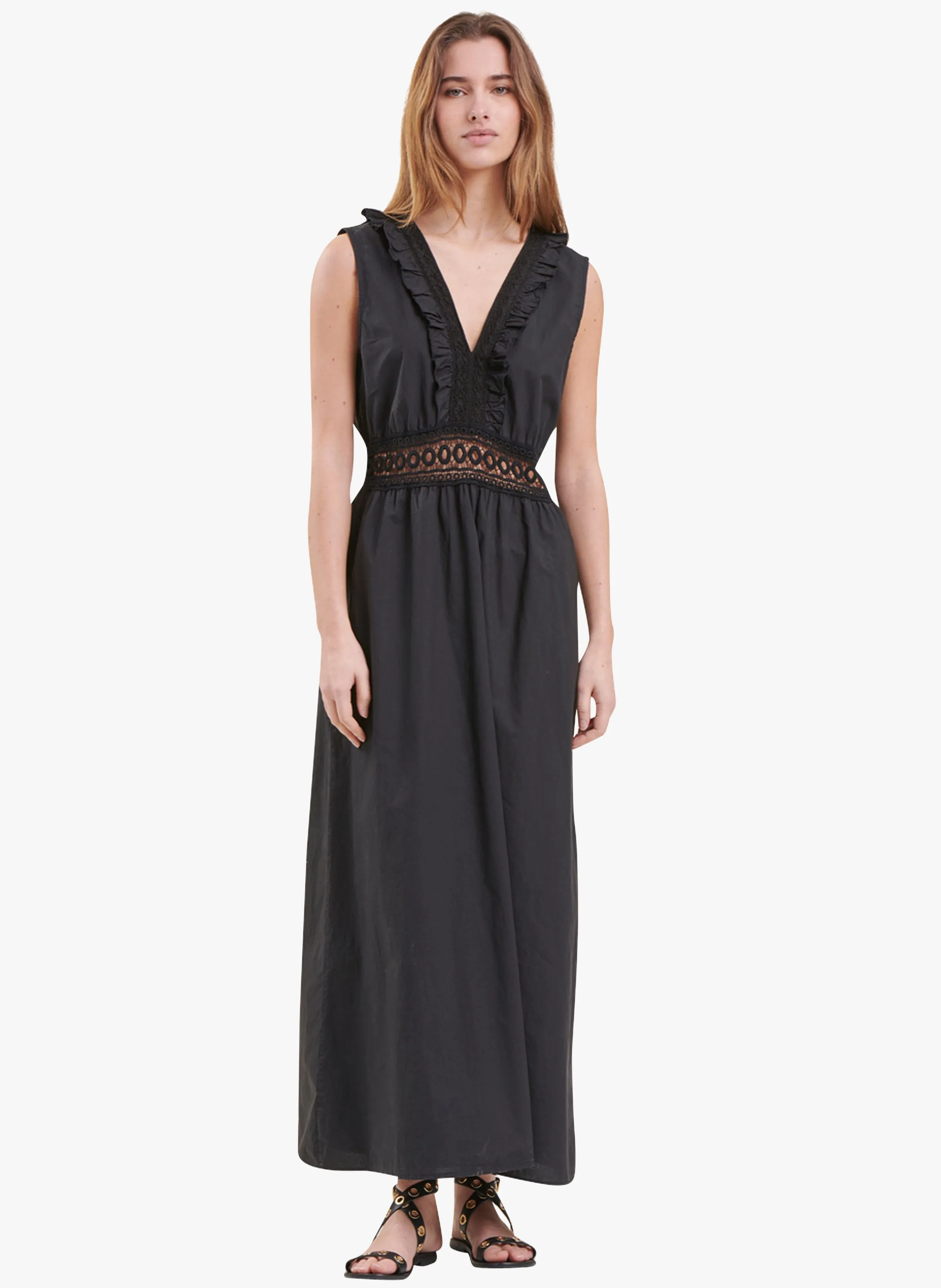 LA FEE MARABOUTEE Vestido largo recto de algodón con cuello de pico en negro