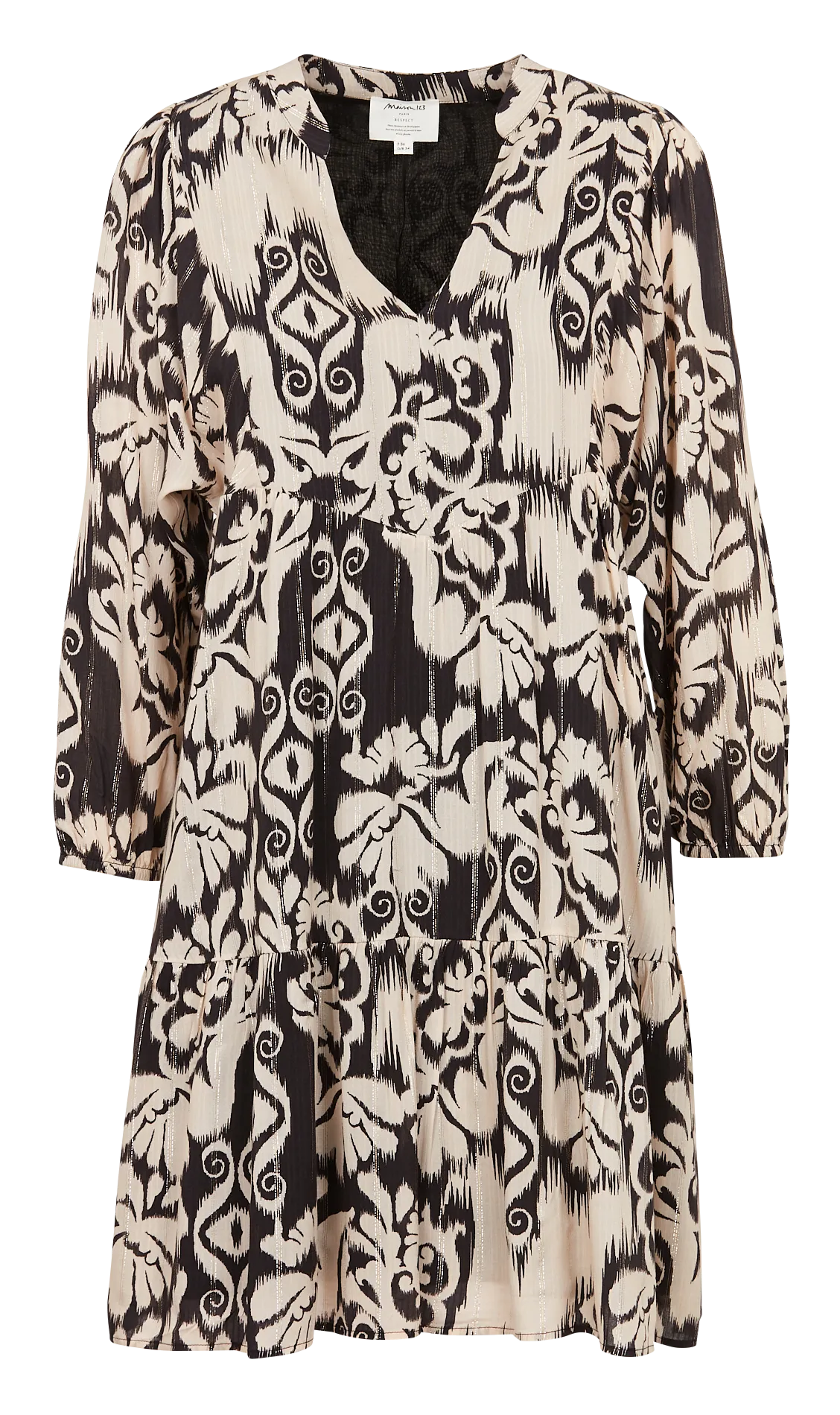 MAISON 123 ARIANA - Vestido corto, holgado y estampado con cuello de pico en beige