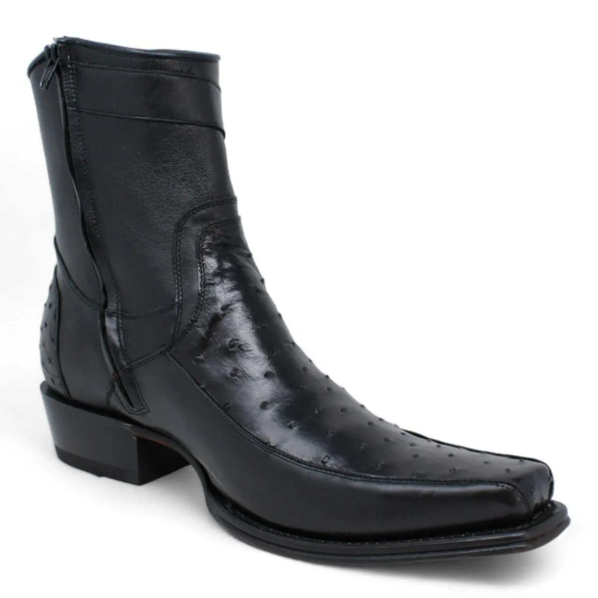 Men's Wild West Genuine Ostrich & Deer European Square Toe Short Boots - Black