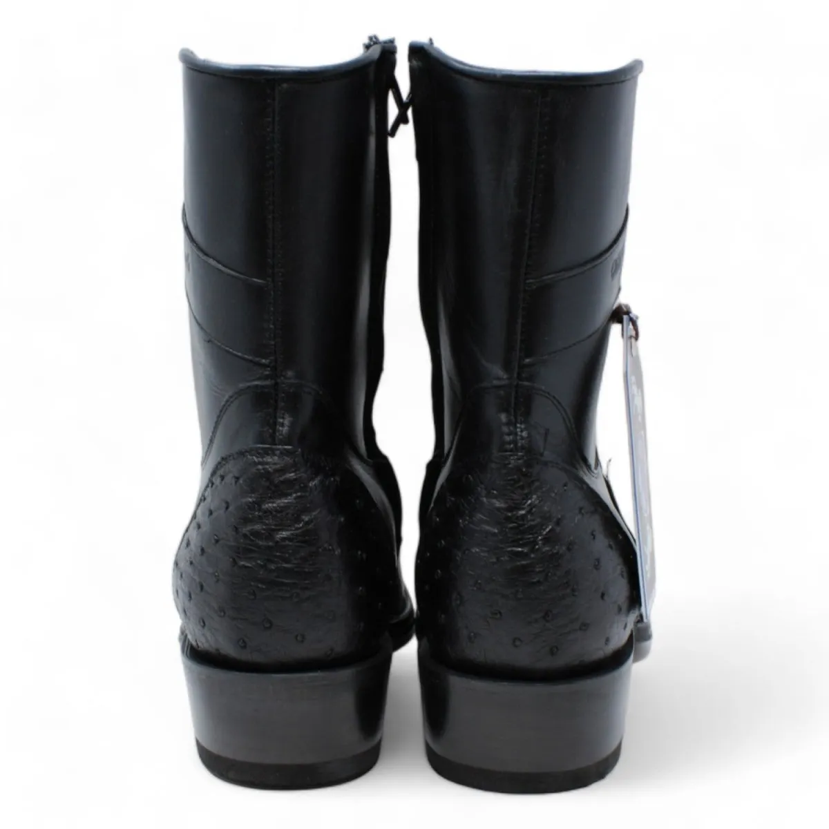 Men's Wild West Genuine Ostrich & Deer European Square Toe Short Boots - Black