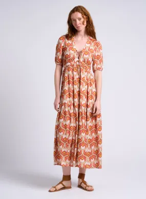SEE U SOON Vestido largo recto estampado con cuello de pico en naranja