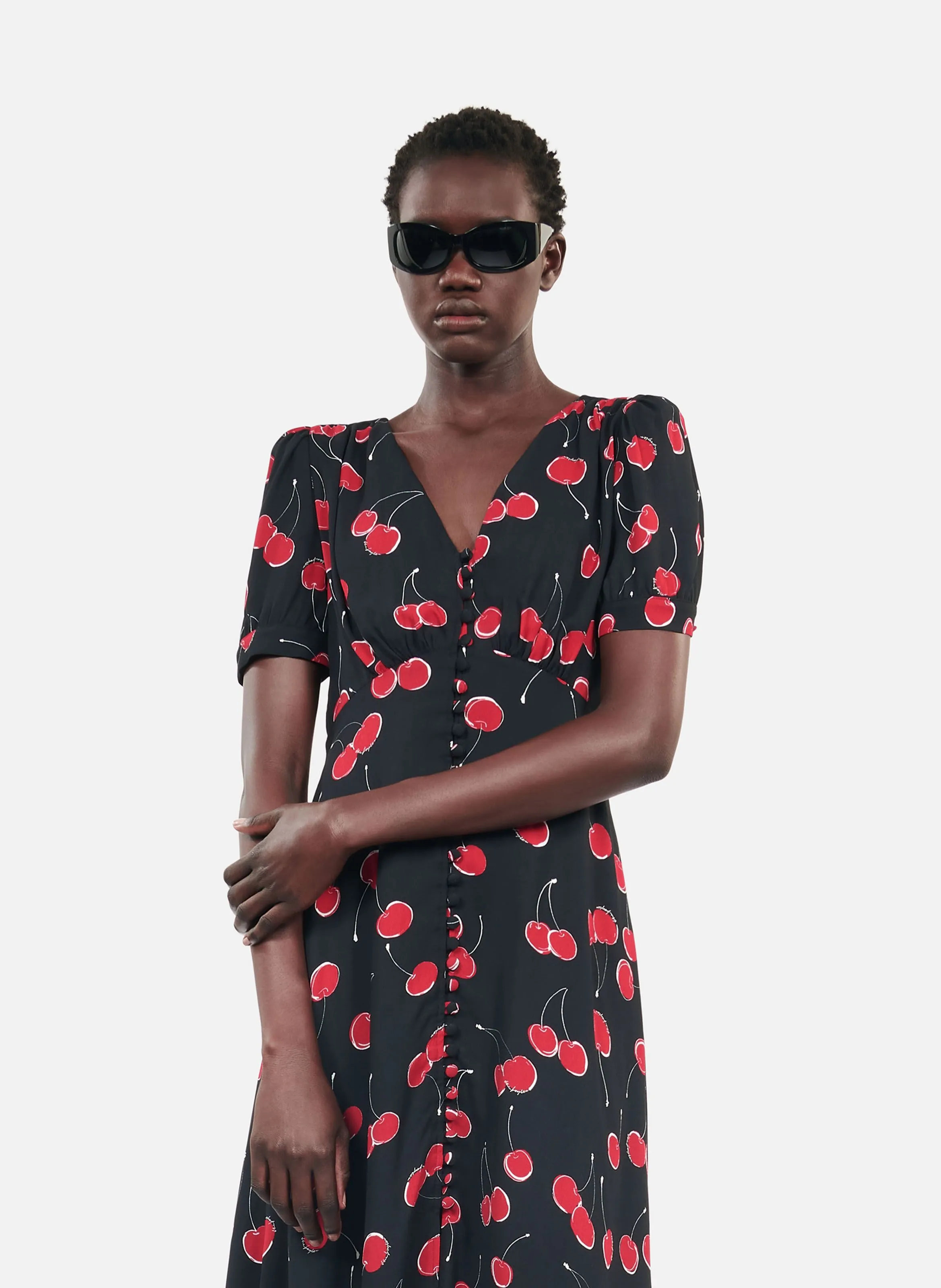 THE KOOPLES Vestido largo estampado de cereza en negro